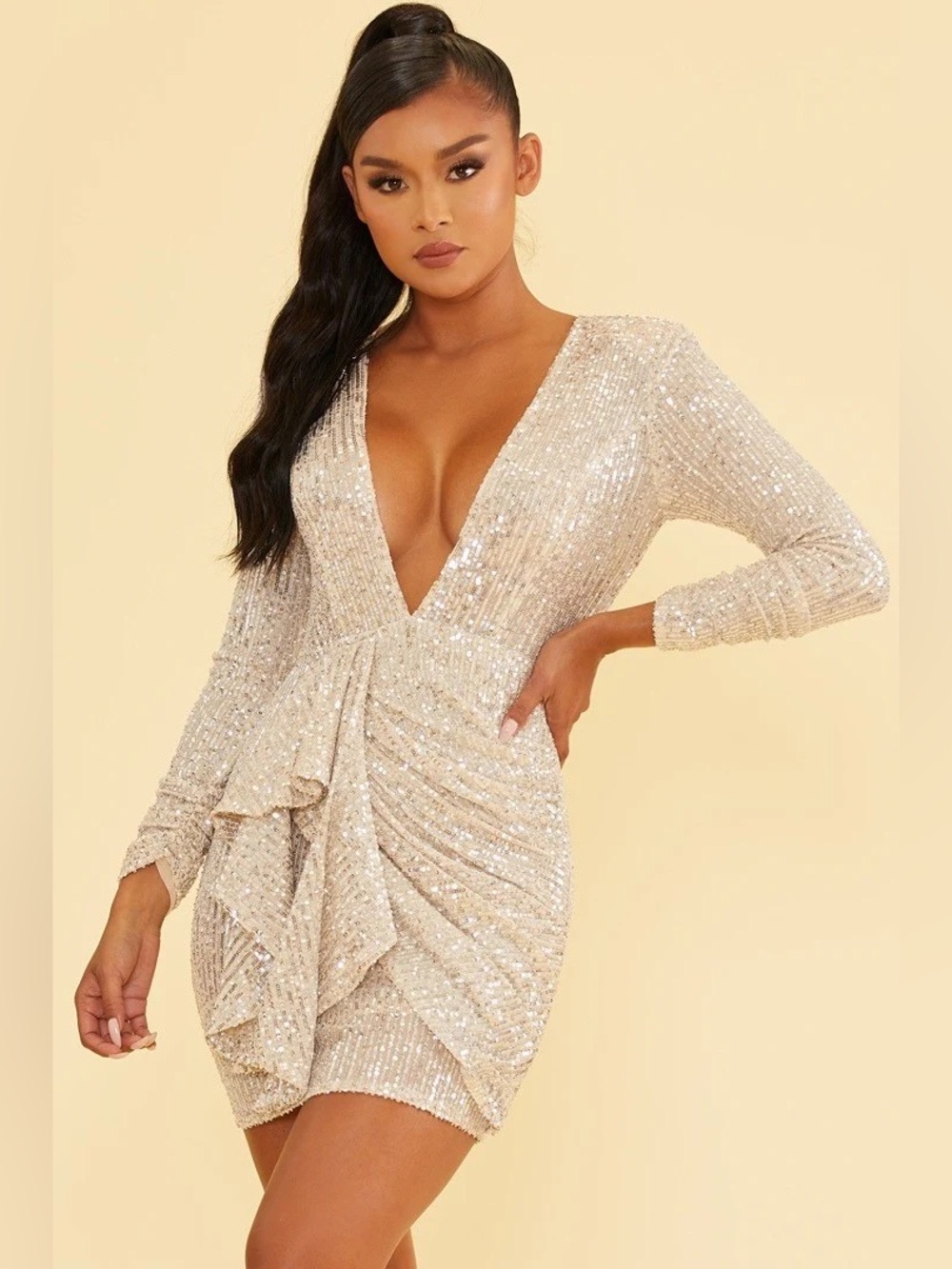 LUXXEL Long Sleeve Plunging V-Neck Sequin Mini Dress